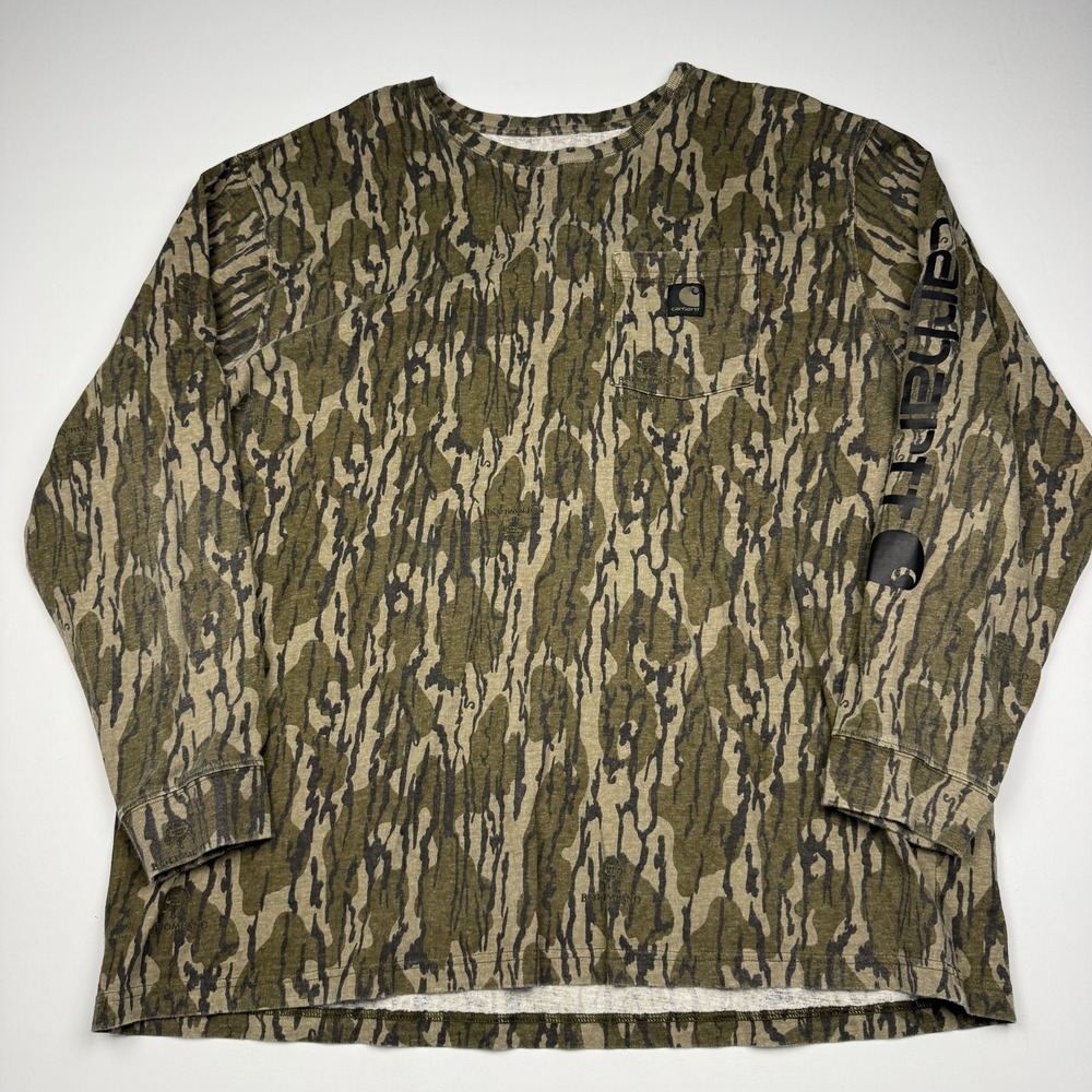 Carhartt Shirt Mens 2XL Green Mossy Oak Bottomland Camo Long Sleeve Pocket Tee
